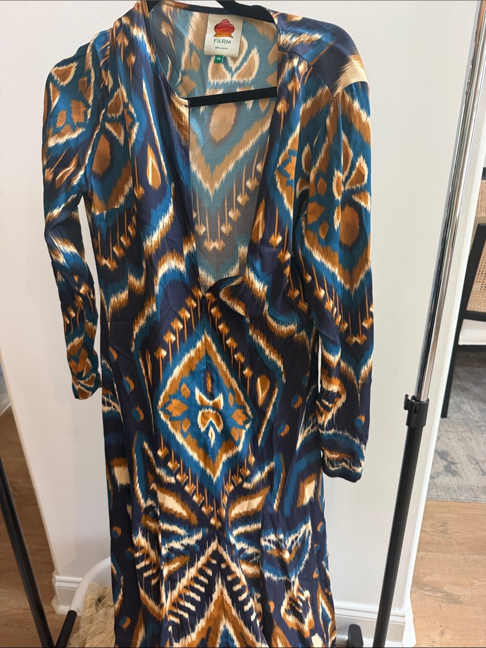 FARM Rio Navy, Blue & Tan Geometric Long Sleeve Maxi Dress